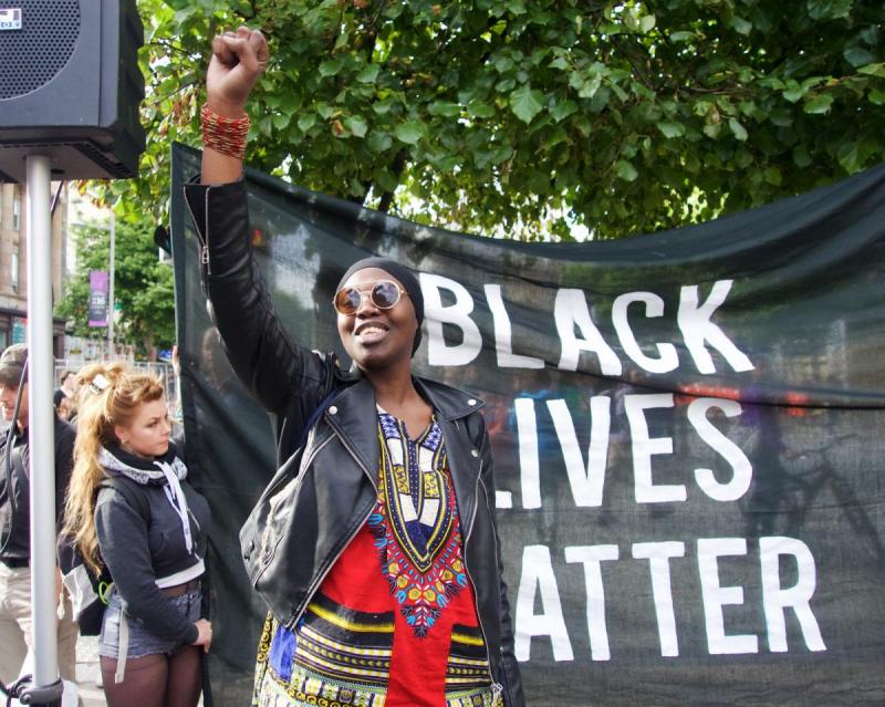 Black Power salute in front of Black Lives Matter banner outside GPO in Dublin