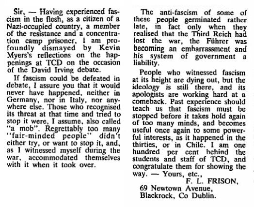 Holocaust survivor Franz Frison 12 Dec 1988 letter on Anti-Fascism at TCD