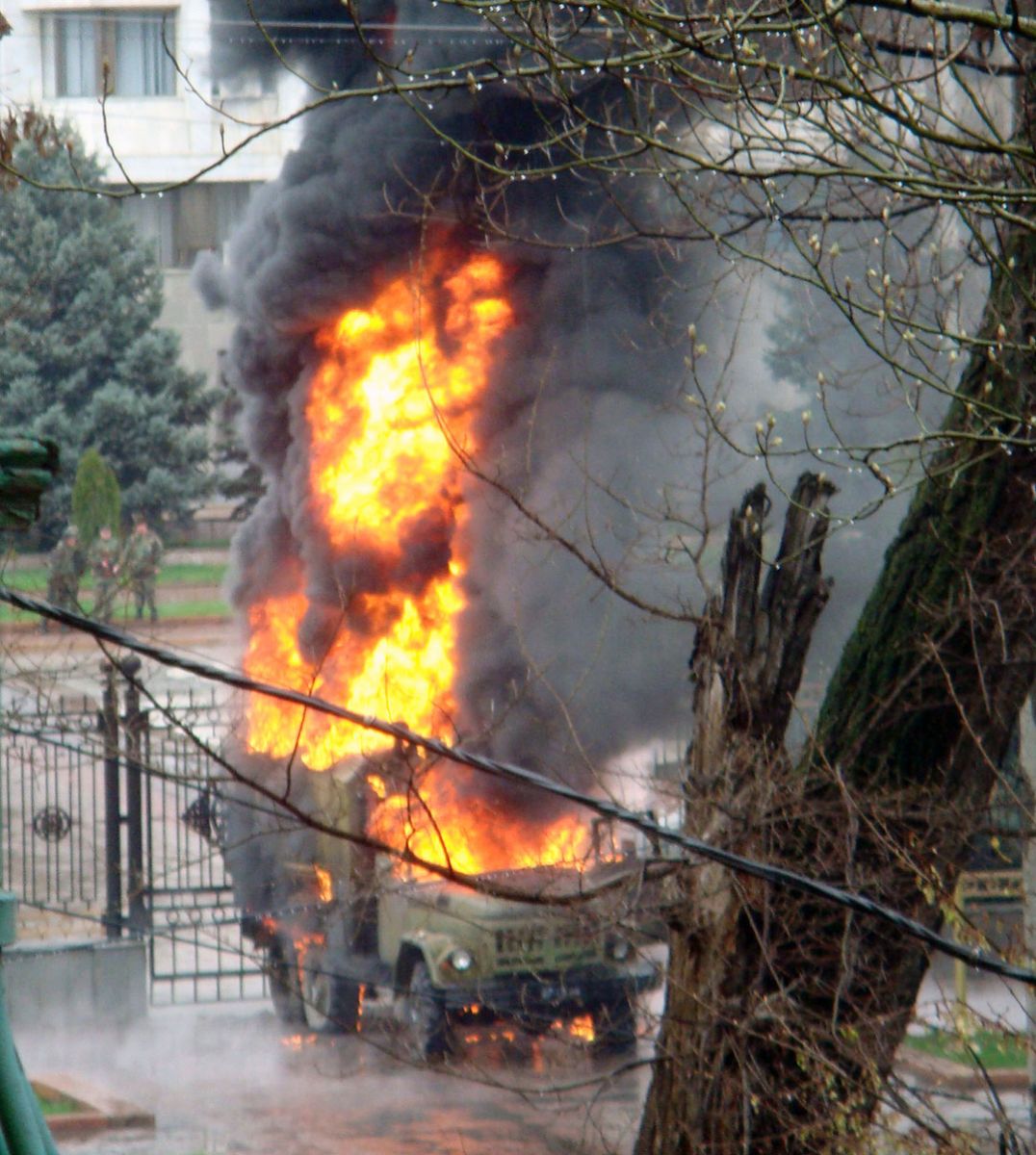 Truck set on fire during the April 2010 riots in Bishkek